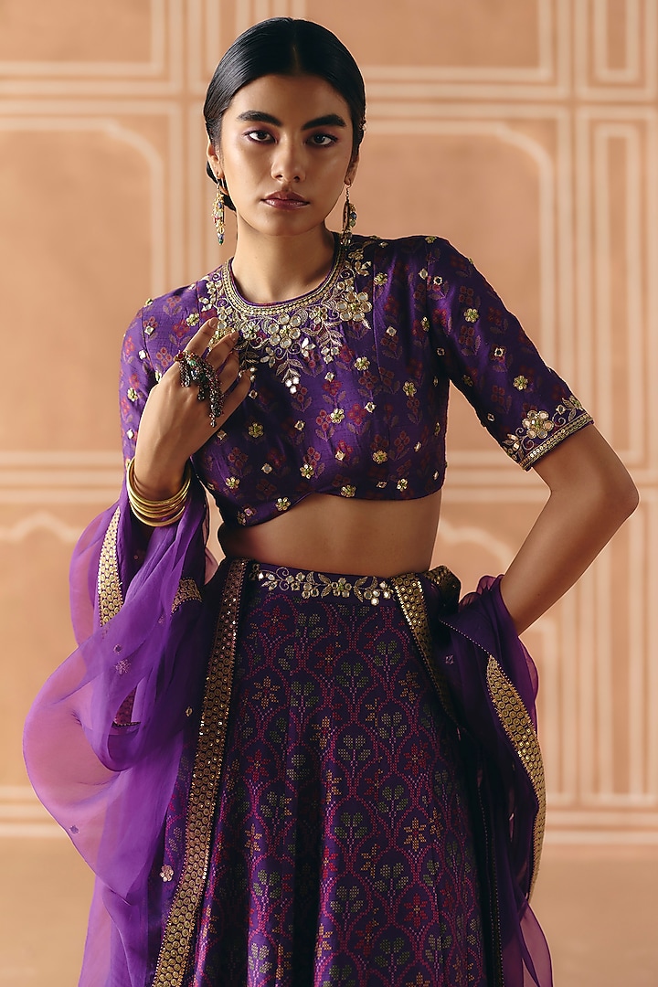 Imperial Violet Dupion Silk Printed Gathered Wedding Lehenga Set by Drishti & Zahabia at Pernia's Pop Up Shop