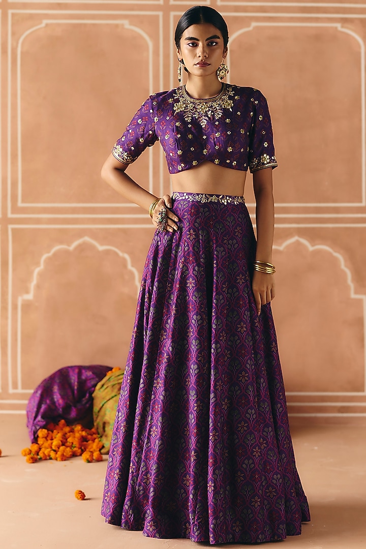 Imperial Violet Dupion Silk Printed Gathered Wedding Lehenga Set by Drishti & Zahabia at Pernia's Pop Up Shop