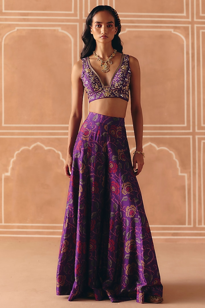 Imperial Violet Dupion Silk Printed Kali Pant Set by Drishti & Zahabia at Pernia's Pop Up Shop