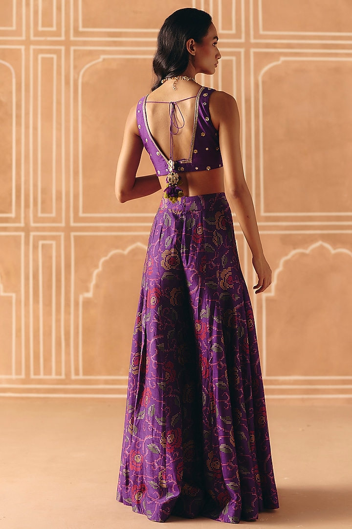 Imperial Violet Dupion Silk Printed Kali Pant Set by Drishti & Zahabia at Pernia's Pop Up Shop