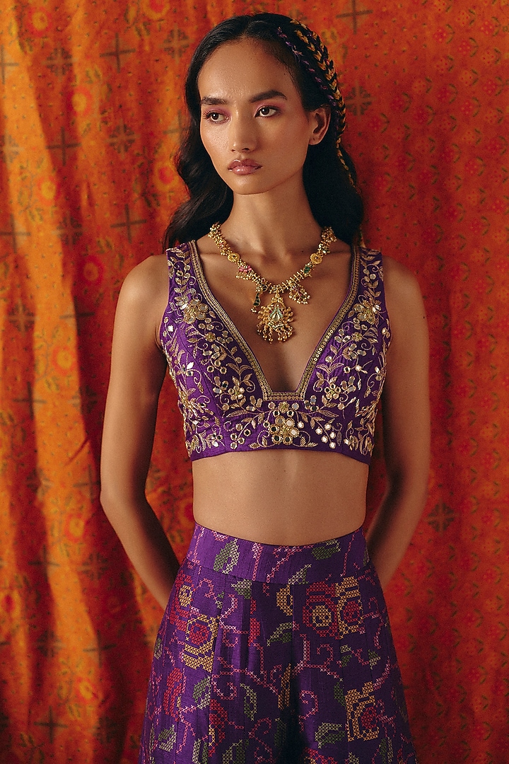 Imperial Violet Dupion Silk Printed Kali Pant Set by Drishti & Zahabia at Pernia's Pop Up Shop