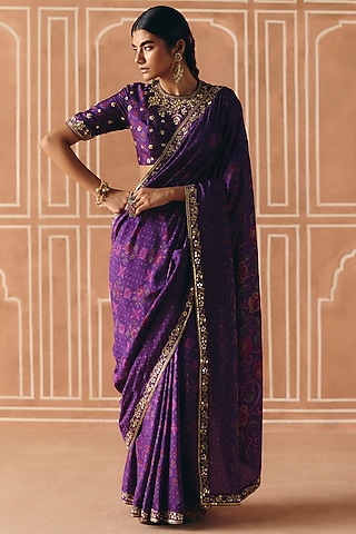 Imperial Violet Dupion Silk Printed & Embroidered Saree Set by Drishti & Zahabia