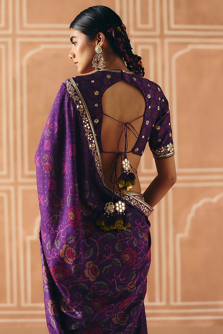 Imperial Violet Dupion Silk Printed & Embroidered Wedding Saree Set by Drishti & Zahabia at Pernia's Pop Up Shop