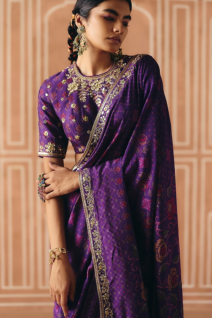 Imperial Violet Dupion Silk Printed & Embroidered Wedding Saree Set by Drishti & Zahabia at Pernia's Pop Up Shop