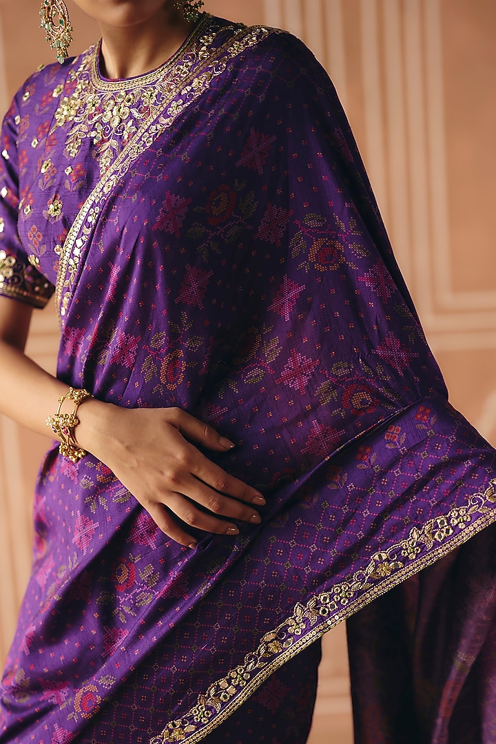 Imperial Violet Dupion Silk Printed & Embroidered Wedding Saree Set by Drishti & Zahabia at Pernia's Pop Up Shop