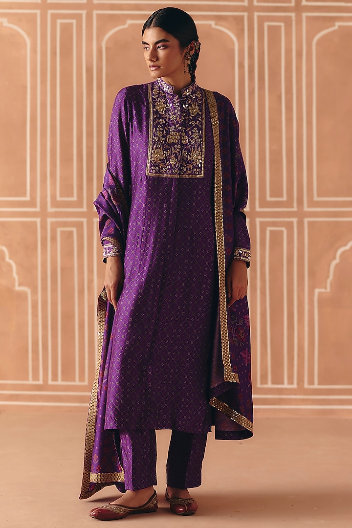 Imperial Violet Dupion Silk Printed & Embroidered Kurta Set by Drishti & Zahabia at Pernia's Pop Up Shop