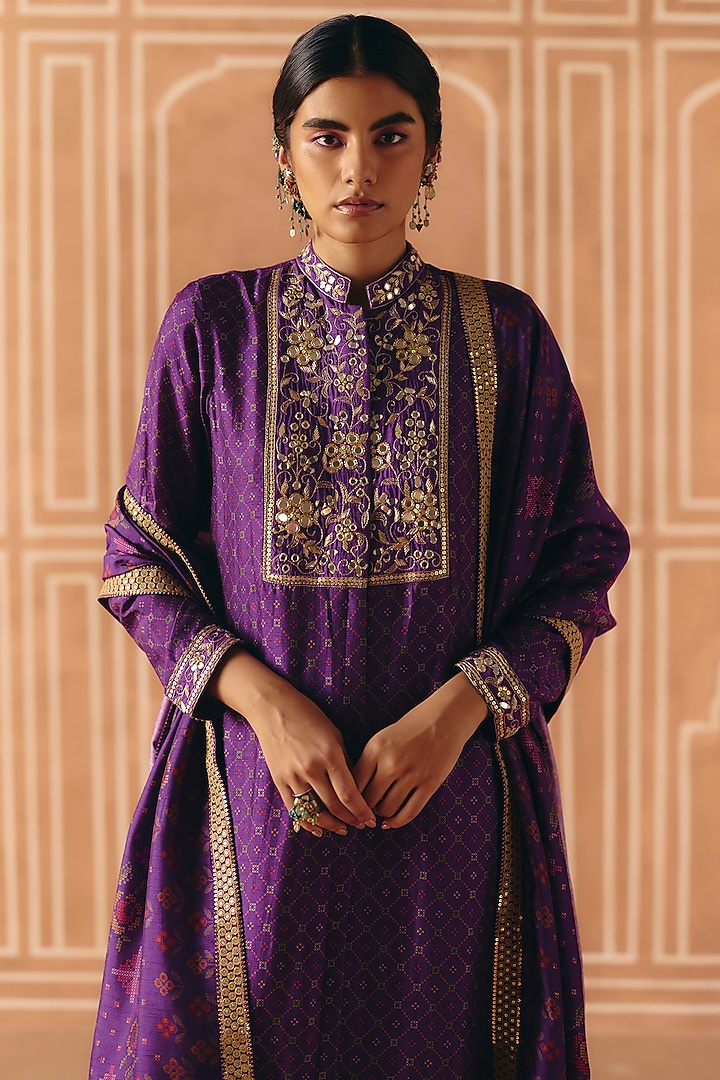 Imperial Violet Dupion Silk Printed & Embroidered Kurta Set by Drishti & Zahabia at Pernia's Pop Up Shop
