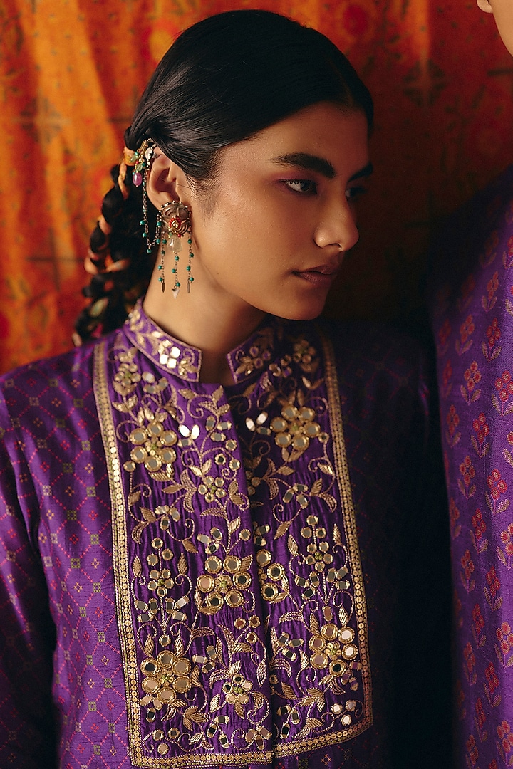 Imperial Violet Dupion Silk Printed & Embroidered Kurta Set by Drishti & Zahabia at Pernia's Pop Up Shop