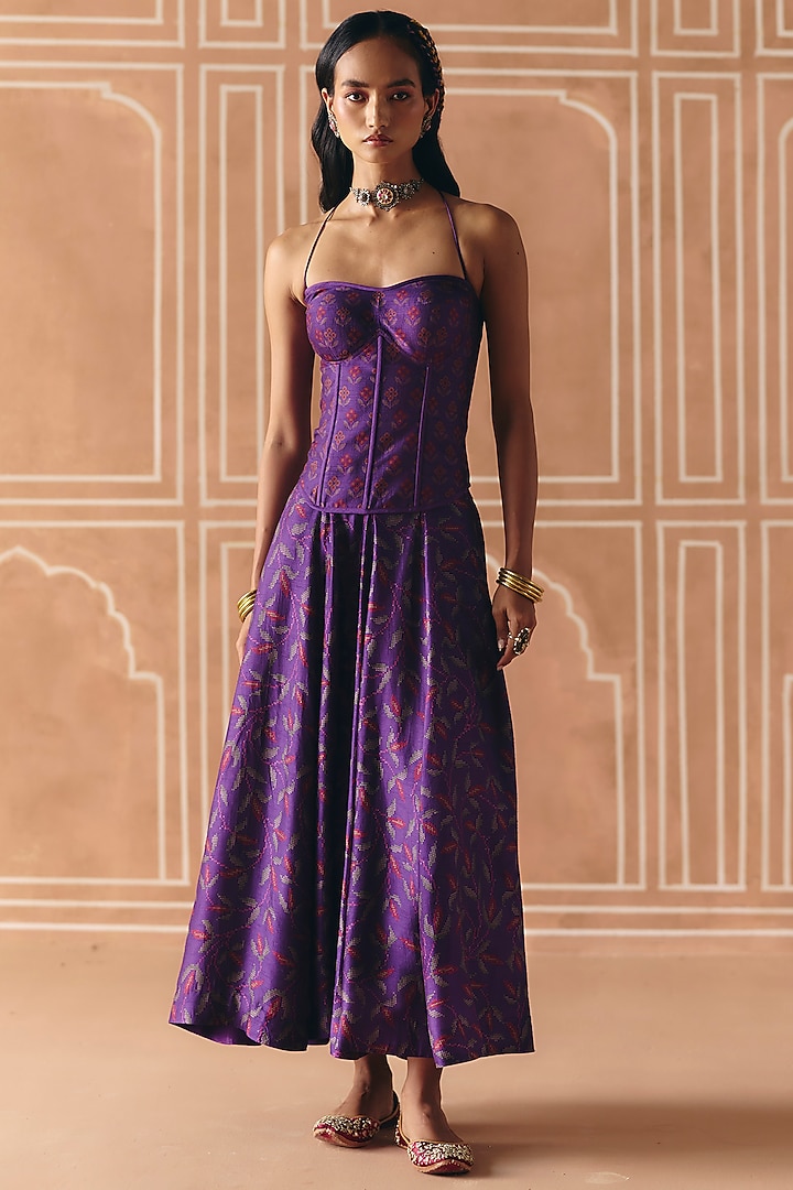Imperial Violet Dupion Silk Printed Skirt Set by Drishti & Zahabia at Pernia's Pop Up Shop