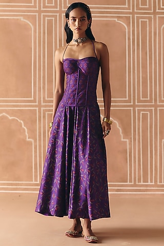 Imperial Violet Dupion Silk Printed Skirt Set by Drishti & Zahabia