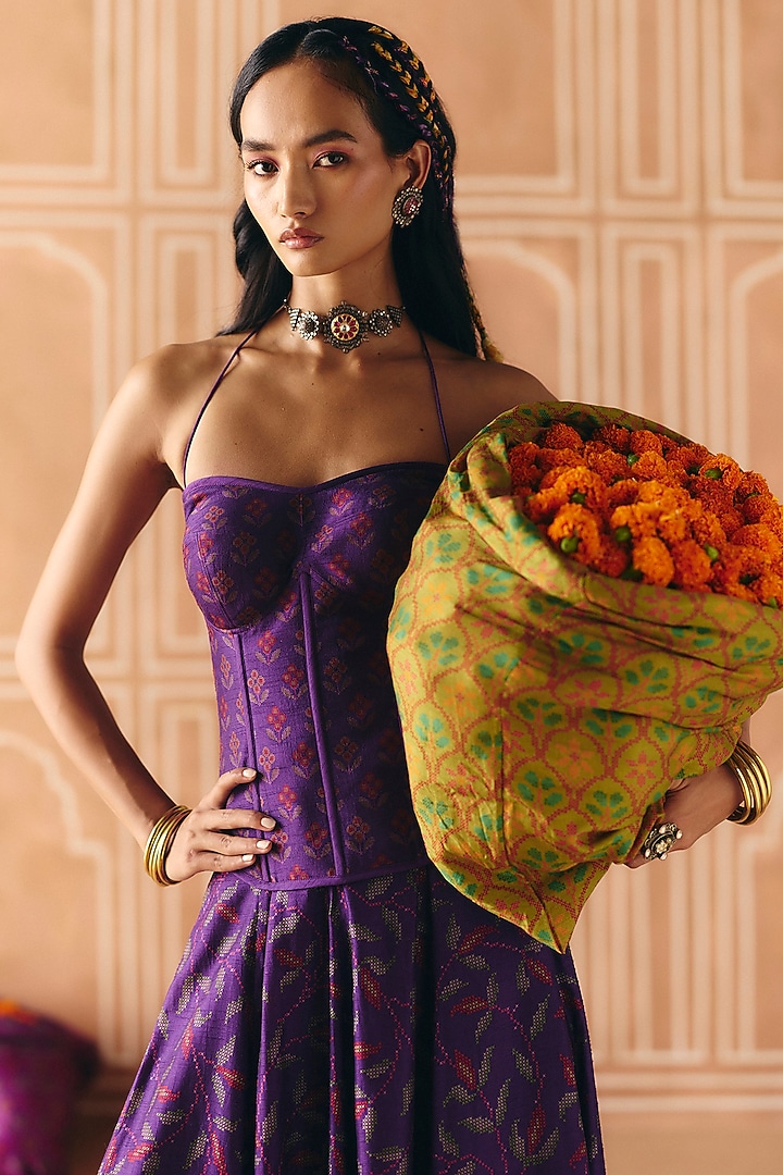 Imperial Violet Dupion Silk Printed Skirt Set by Drishti & Zahabia at Pernia's Pop Up Shop