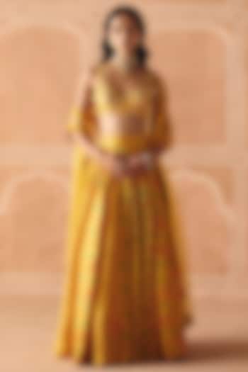 Marigold Yellow Dupion Silk Printed Gathered Wedding Lehenga Set by Drishti & Zahabia at Pernia's Pop Up Shop