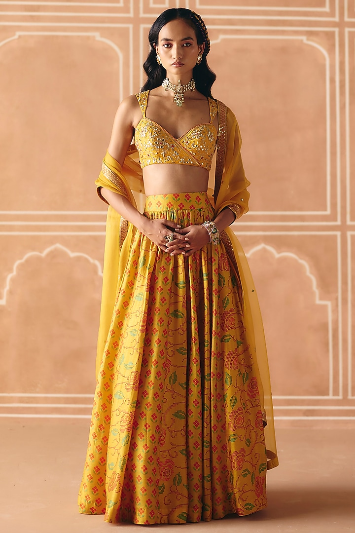 Marigold Yellow Dupion Silk Printed Gathered Wedding Lehenga Set by Drishti & Zahabia at Pernia's Pop Up Shop