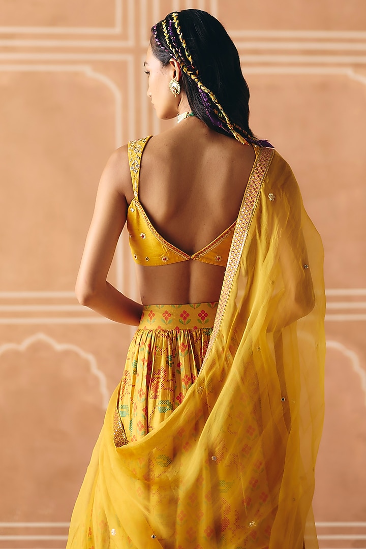 Marigold Yellow Dupion Silk Printed Gathered Wedding Lehenga Set by Drishti & Zahabia at Pernia's Pop Up Shop