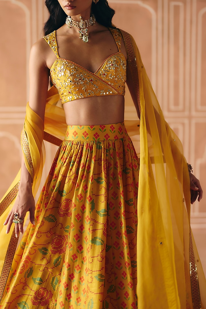 Marigold Yellow Dupion Silk Printed Gathered Wedding Lehenga Set by Drishti & Zahabia at Pernia's Pop Up Shop