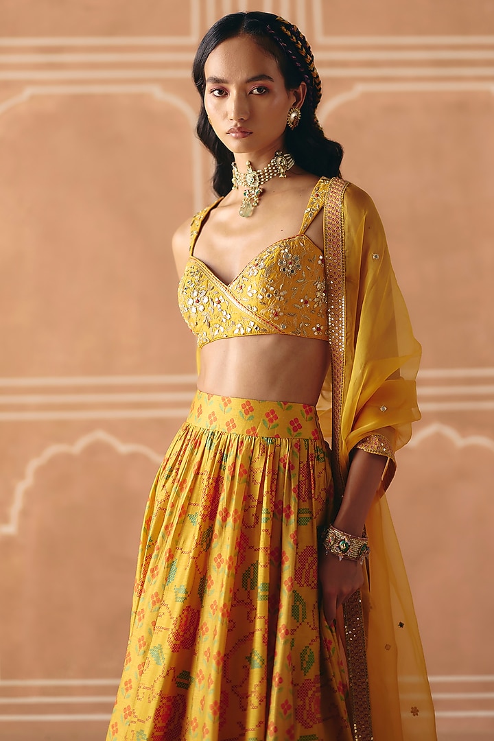 Marigold Yellow Dupion Silk Printed Gathered Wedding Lehenga Set by Drishti & Zahabia at Pernia's Pop Up Shop
