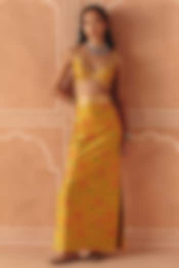 Marigold Yellow Dupion Silk Printed & Embroidered Skirt Set by Drishti & Zahabia at Pernia's Pop Up Shop