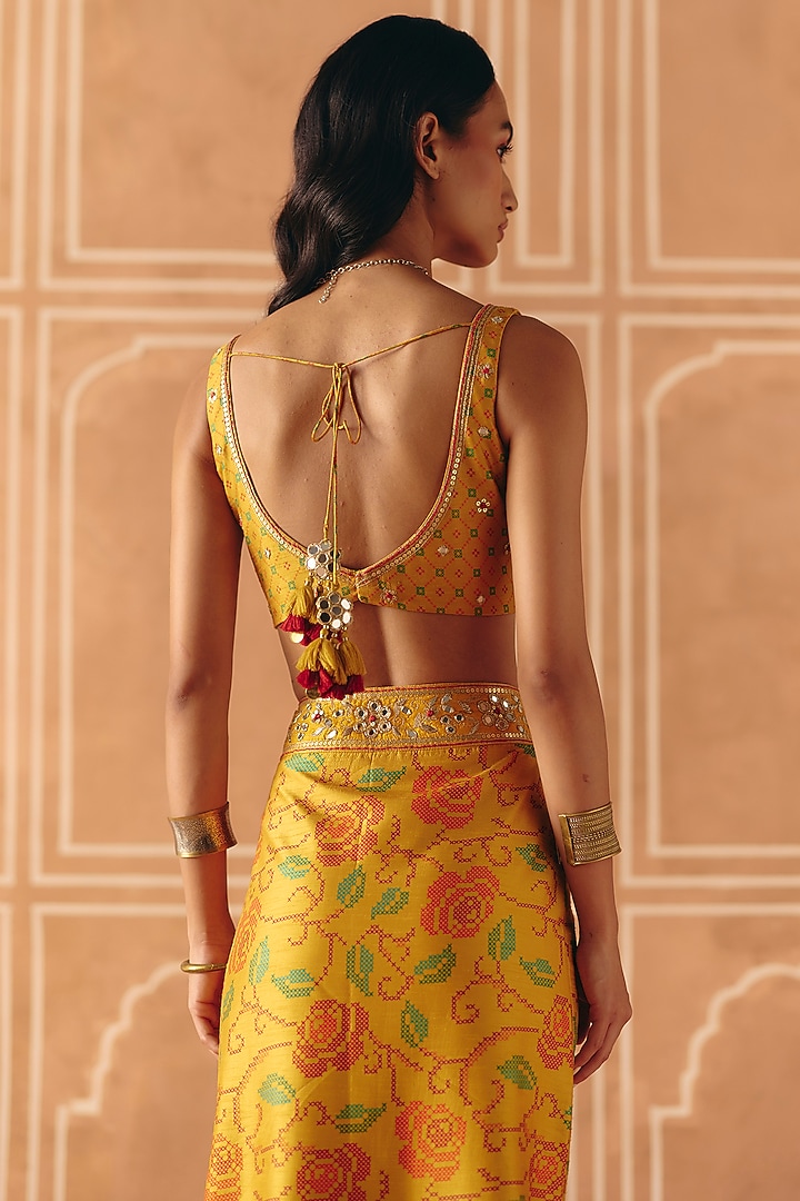 Marigold Yellow Dupion Silk Printed & Embroidered Skirt Set by Drishti & Zahabia at Pernia's Pop Up Shop