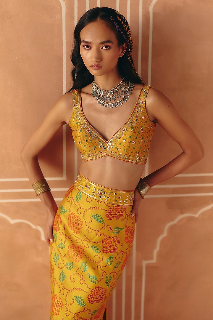 Marigold Yellow Dupion Silk Printed & Embroidered Skirt Set by Drishti & Zahabia at Pernia's Pop Up Shop