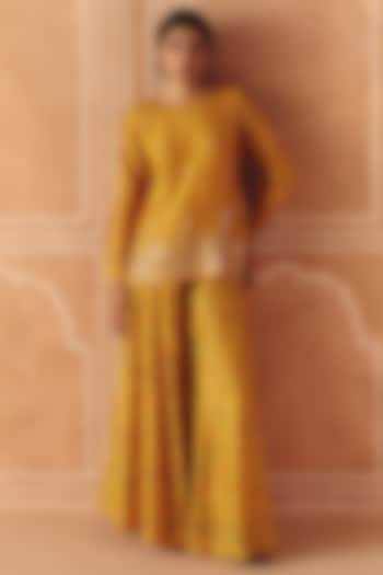 Marigold Yellow Dupion Silk Embroidered Kurta Set by Drishti & Zahabia at Pernia's Pop Up Shop