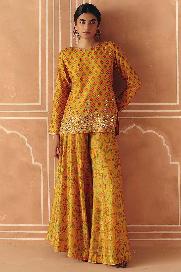 Marigold Yellow Dupion Silk Embroidered Kurta Set by Drishti & Zahabia at Pernia's Pop Up Shop