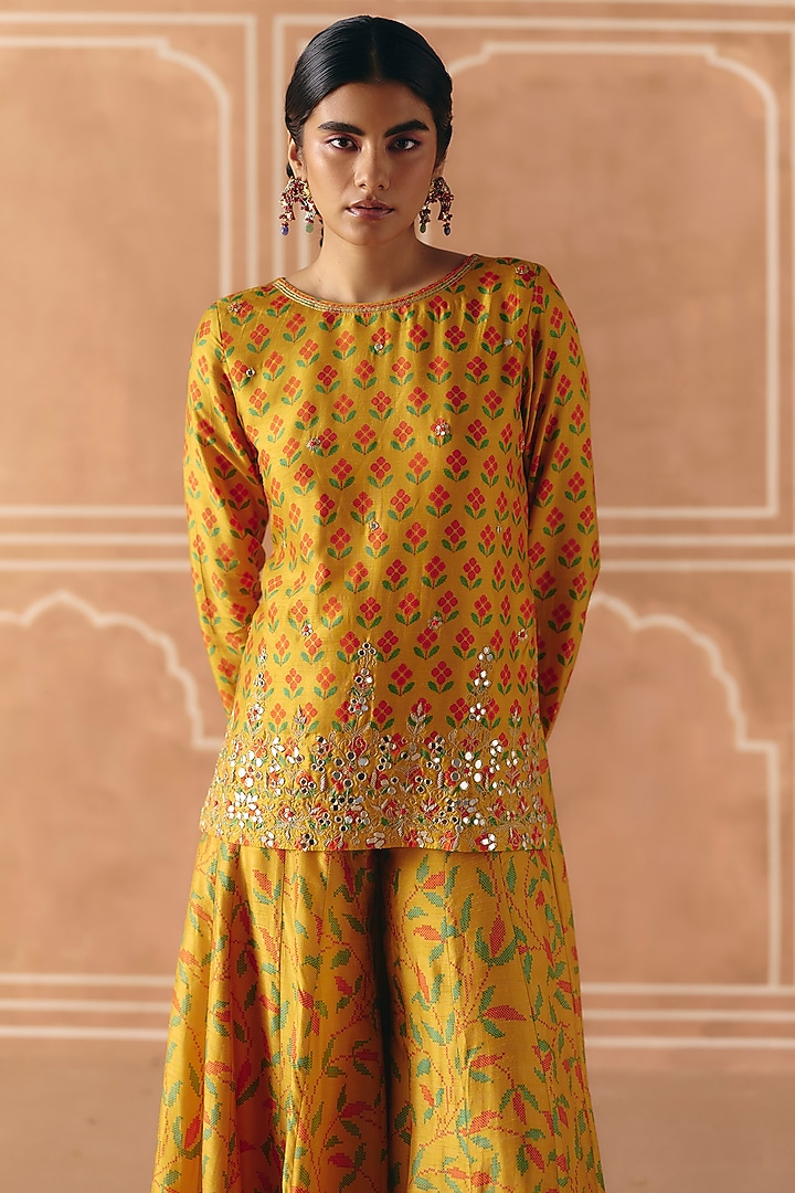 Marigold Yellow Dupion Silk Embroidered Kurta Set by Drishti & Zahabia at Pernia's Pop Up Shop