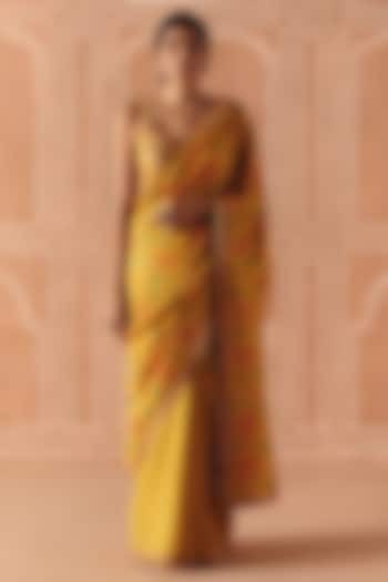 Marigold Yellow Dupion Silk Printed Wedding Saree Set by Drishti & Zahabia at Pernia's Pop Up Shop