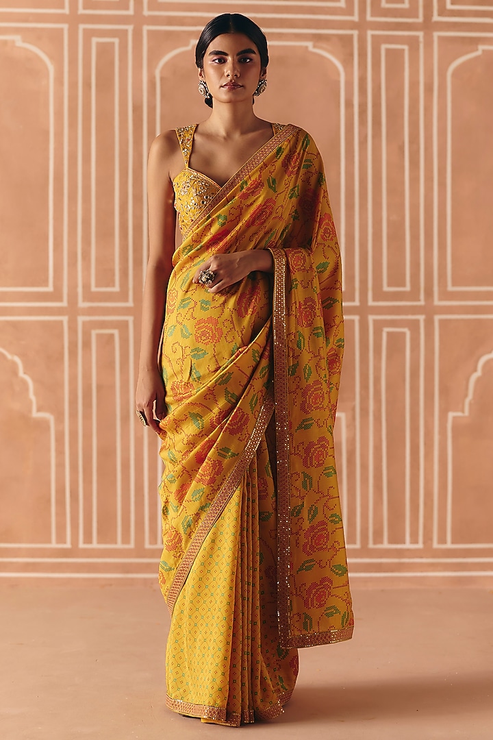 Marigold Yellow Dupion Silk Printed Wedding Saree Set by Drishti & Zahabia at Pernia's Pop Up Shop