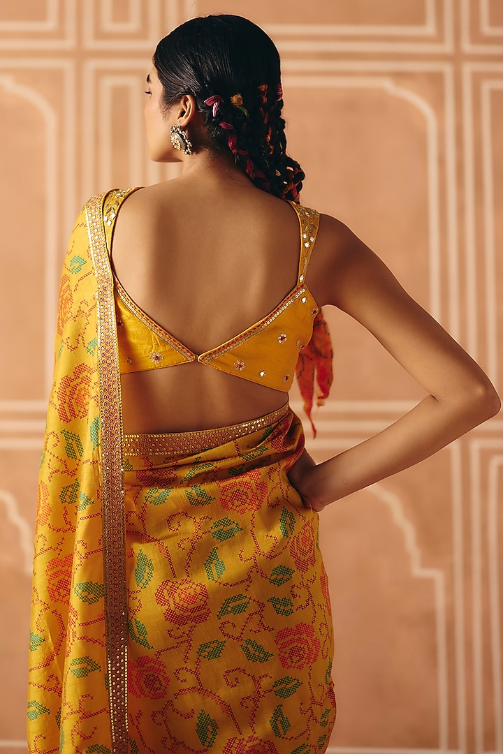 Marigold Yellow Dupion Silk Printed Wedding Saree Set by Drishti & Zahabia at Pernia's Pop Up Shop