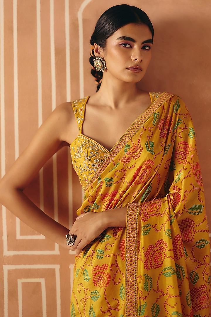 Marigold Yellow Dupion Silk Printed Wedding Saree Set by Drishti & Zahabia at Pernia's Pop Up Shop