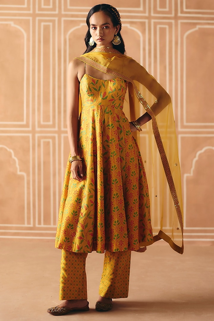 Marigold Yellow Dupion Silk Printed Party Wear Anarkali Set by Drishti & Zahabia at Pernia's Pop Up Shop