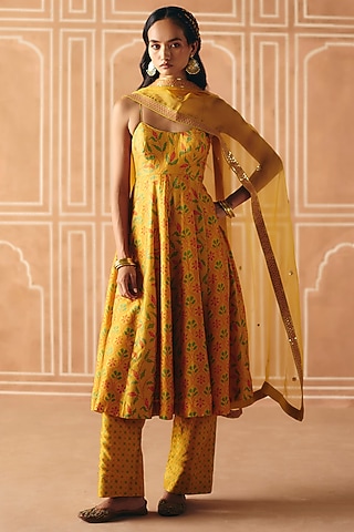Marigold Yellow Dupion Silk Printed Anarkali Set by Drishti & Zahabia