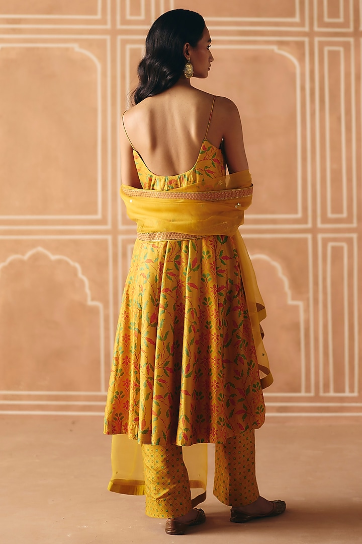 Marigold Yellow Dupion Silk Printed Party Wear Anarkali Set by Drishti & Zahabia at Pernia's Pop Up Shop