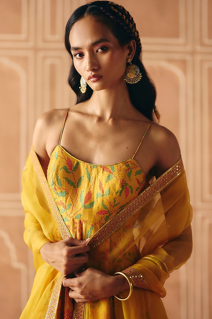 Marigold Yellow Dupion Silk Printed Party Wear Anarkali Set by Drishti & Zahabia at Pernia's Pop Up Shop
