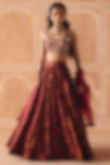 Berry Plum Dupion Silk Printed Gathered Wedding Lehenga Set by Drishti & Zahabia at Pernia's Pop Up Shop