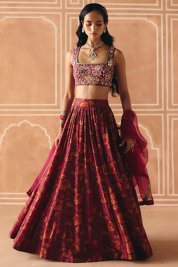 Berry Plum Dupion Silk Printed Gathered Wedding Lehenga Set by Drishti & Zahabia at Pernia's Pop Up Shop