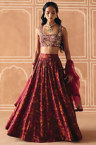Berry Plum Dupion Silk Printed Gathered Lehenga Set by Drishti & Zahabia