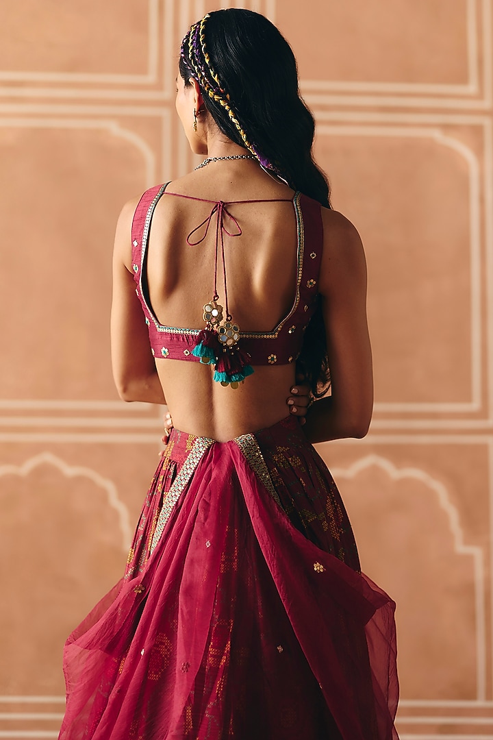 Berry Plum Dupion Silk Printed Gathered Wedding Lehenga Set by Drishti & Zahabia at Pernia's Pop Up Shop