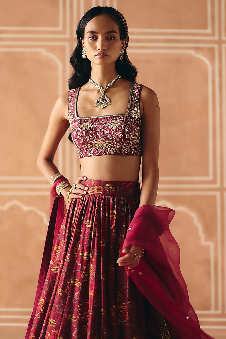 Berry Plum Dupion Silk Printed Gathered Wedding Lehenga Set by Drishti & Zahabia at Pernia's Pop Up Shop