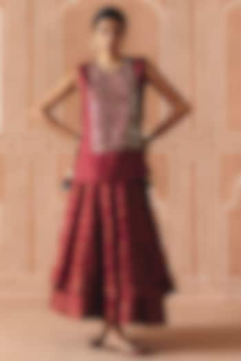 Berry Plum Dupion Silk Printed Cropped Layered Wedding Lehenga Set by Drishti & Zahabia at Pernia's Pop Up Shop