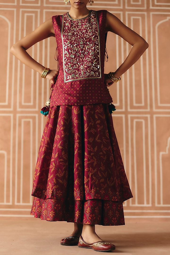 Berry Plum Dupion Silk Printed Cropped Layered Wedding Lehenga Set by Drishti & Zahabia at Pernia's Pop Up Shop
