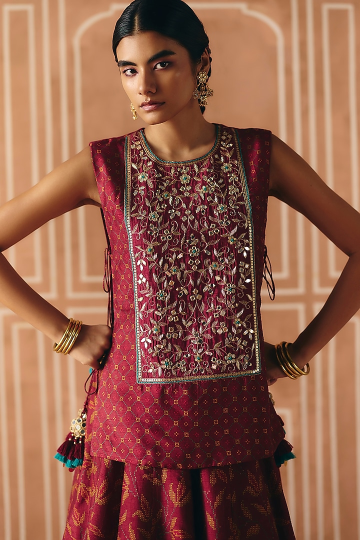 Berry Plum Dupion Silk Printed Cropped Layered Wedding Lehenga Set by Drishti & Zahabia at Pernia's Pop Up Shop