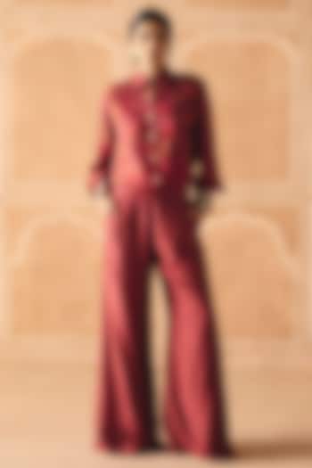Berry Plum Dupion Silk Printed Pleated Pant Set by Drishti & Zahabia at Pernia's Pop Up Shop