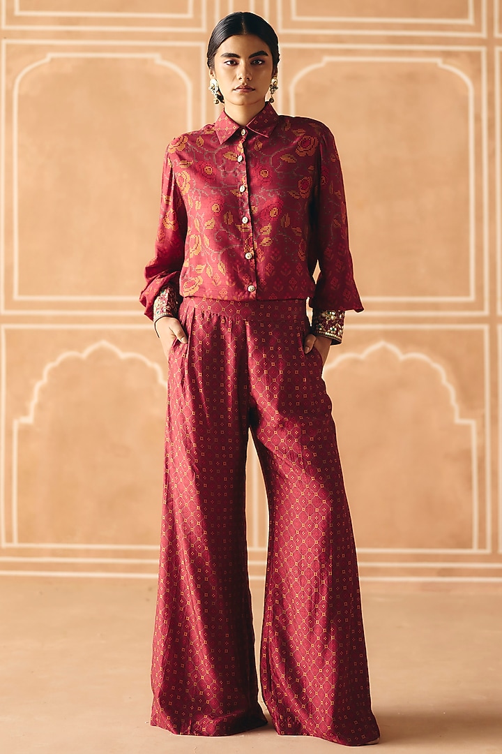 Berry Plum Dupion Silk Printed Pleated Pant Set by Drishti & Zahabia at Pernia's Pop Up Shop