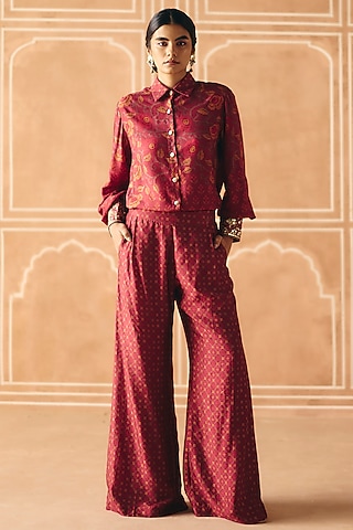 Berry Plum Dupion Silk Printed Pleated Pant Set by Drishti & Zahabia
