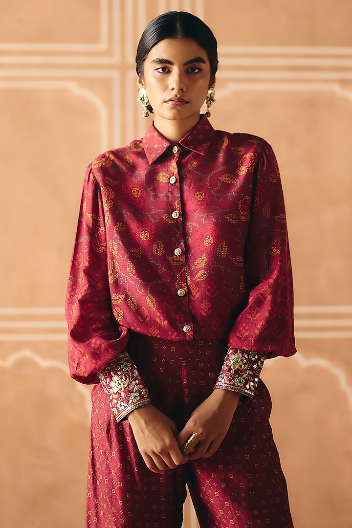 Berry Plum Dupion Silk Printed Pleated Pant Set by Drishti & Zahabia at Pernia's Pop Up Shop