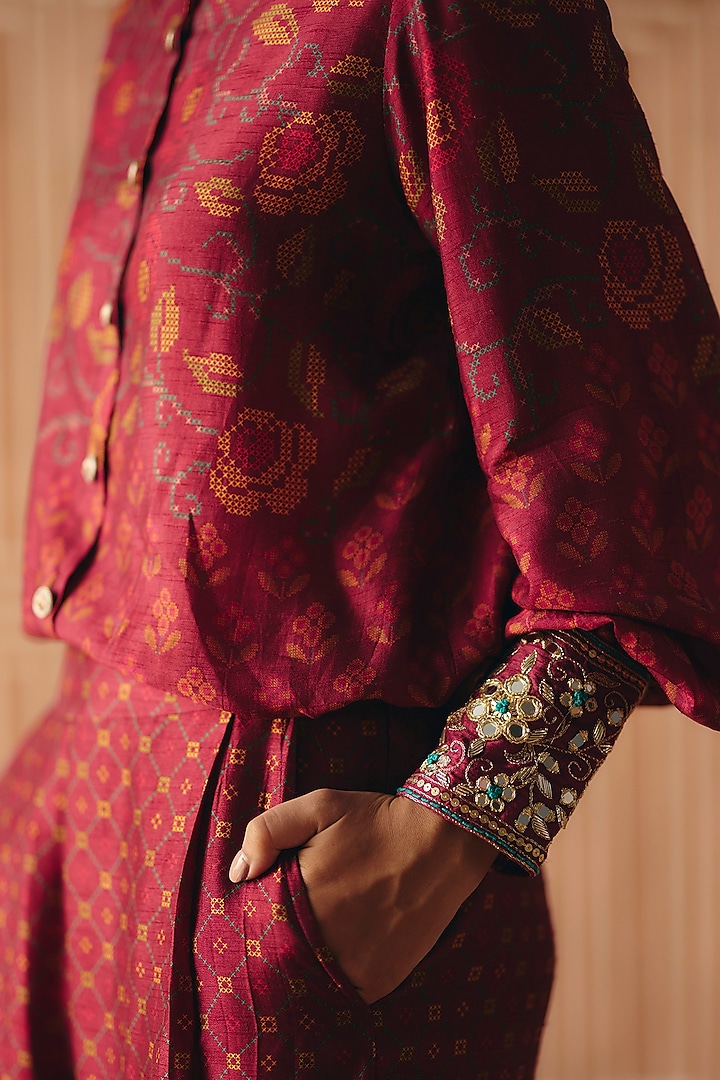 Berry Plum Dupion Silk Printed Pleated Pant Set by Drishti & Zahabia at Pernia's Pop Up Shop