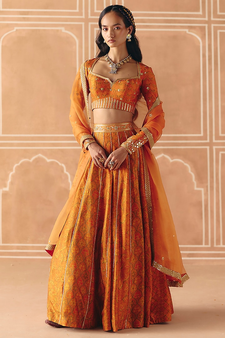Burnt Orange Dupion Silk Printed Paneled Wedding Lehenga Set by Drishti & Zahabia at Pernia's Pop Up Shop