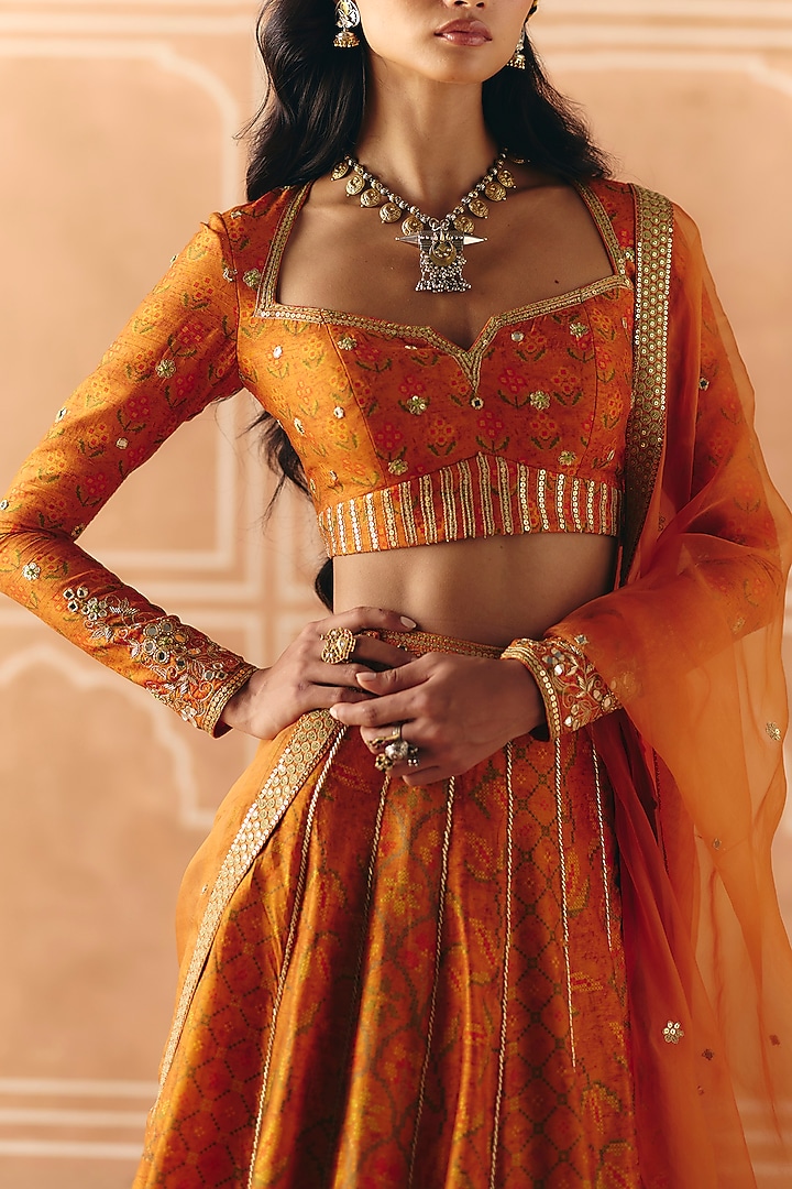 Burnt Orange Dupion Silk Printed Paneled Wedding Lehenga Set by Drishti & Zahabia at Pernia's Pop Up Shop