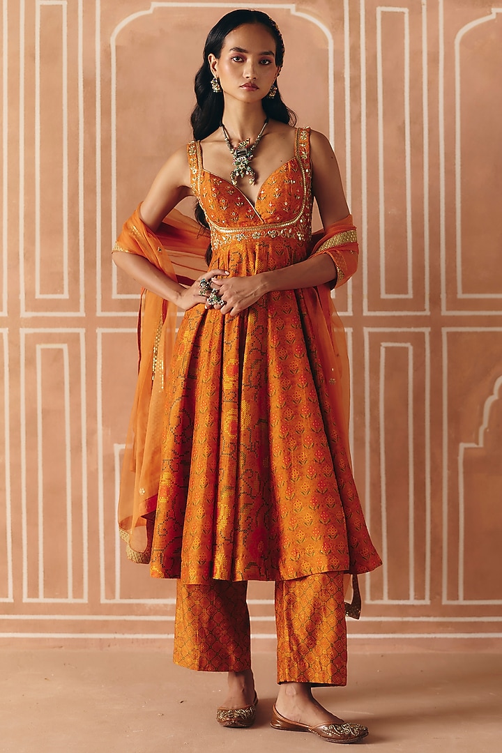 Burnt Orange Dupion Silk Printed Wedding Anarkali Set by Drishti & Zahabia at Pernia's Pop Up Shop